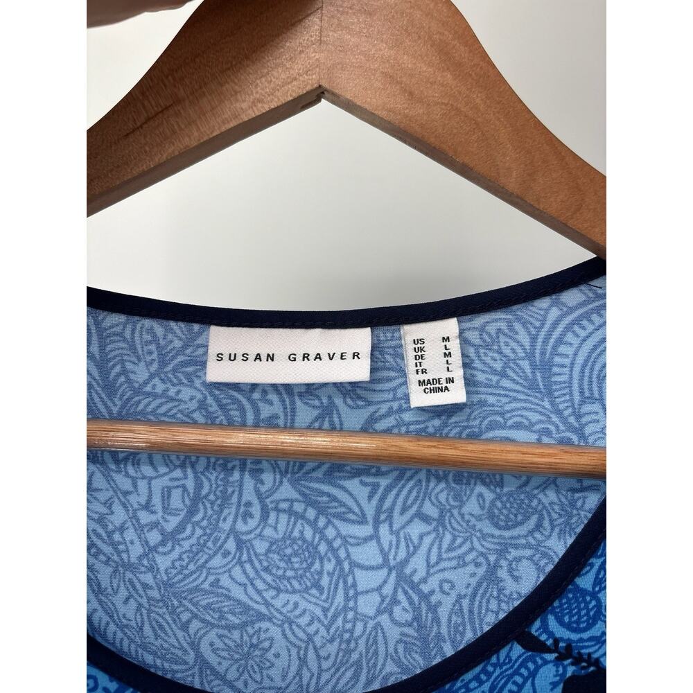 Susan Graver Liquid Knit Blue Floral Tunic Top Medium Black Long Sleeve Pleat - Picture 3 of 6
